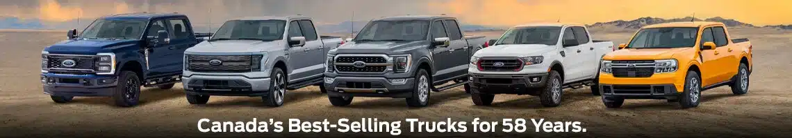 Lineup of Ford trucks on a desert background with text: "Les camions les plus vendus au Canada depuis 58 ans."